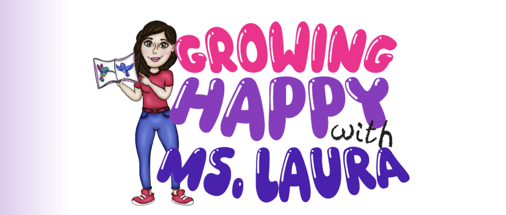 Growing Happy with Ms. Laura. Cartoon of Laura Smith holding a book.